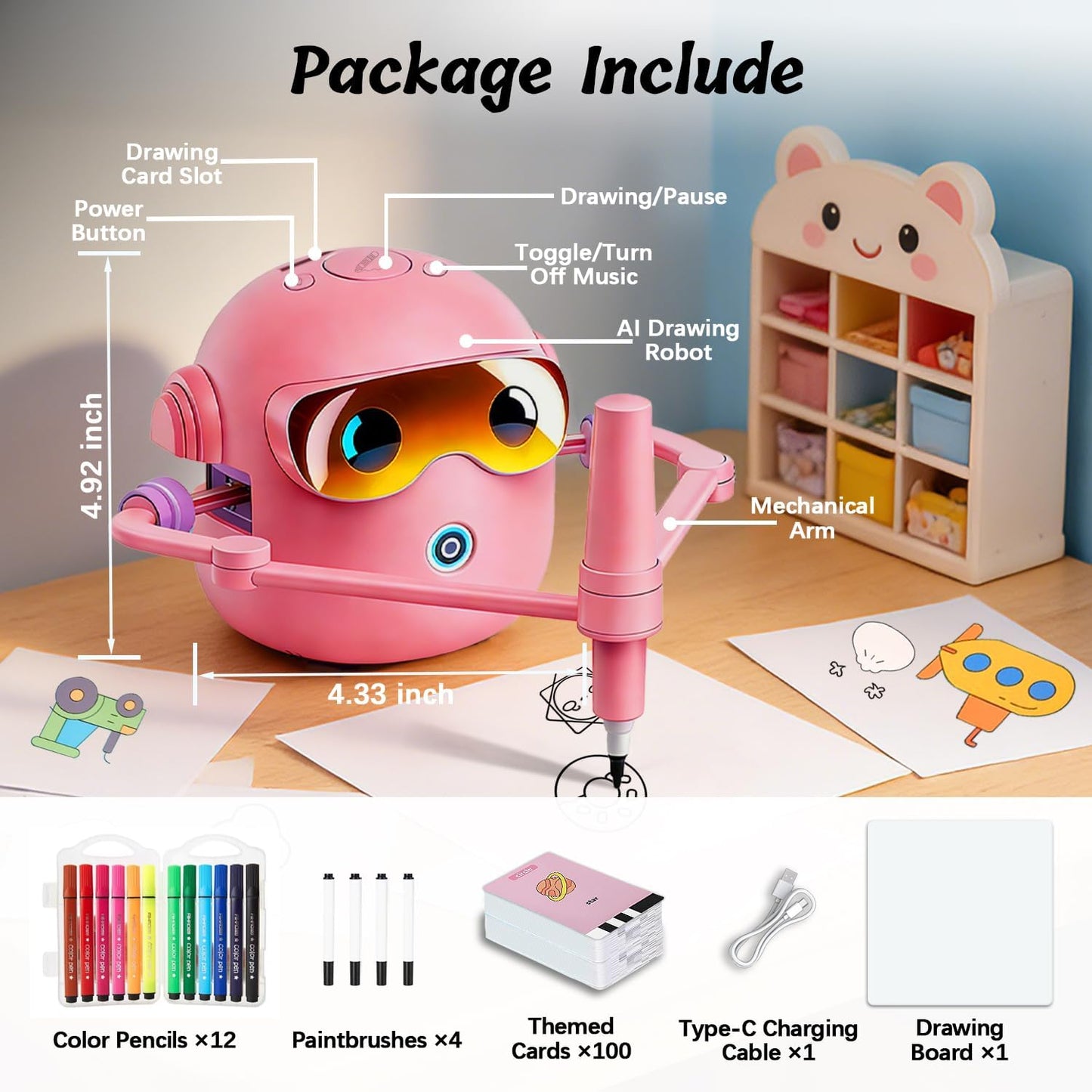 Montessori Drawing Robot for Children Aged 3-12 with 100 Cards, 12 Colorful Pens, and 4 Paintbrushes - Educational Voice-Activated Early Learning Gift for Boys and Girls