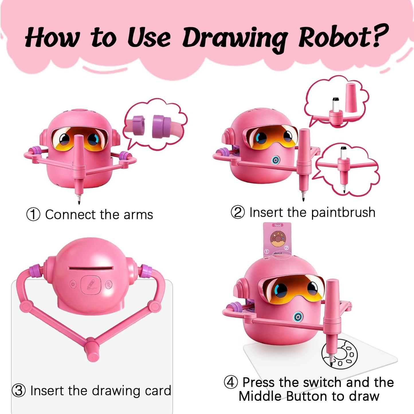 Montessori Drawing Robot for Children Aged 3-12 with 100 Cards, 12 Colorful Pens, and 4 Paintbrushes - Educational Voice-Activated Early Learning Gift for Boys and Girls