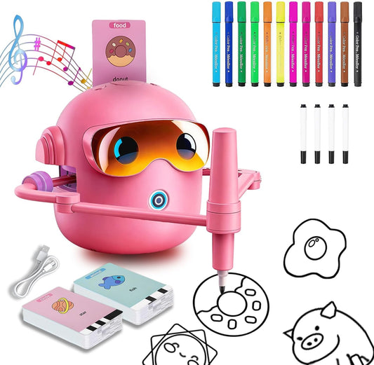 Montessori Drawing Robot for Children Aged 3-12 with 100 Cards, 12 Colorful Pens, and 4 Paintbrushes - Educational Voice-Activated Early Learning Gift for Boys and Girls