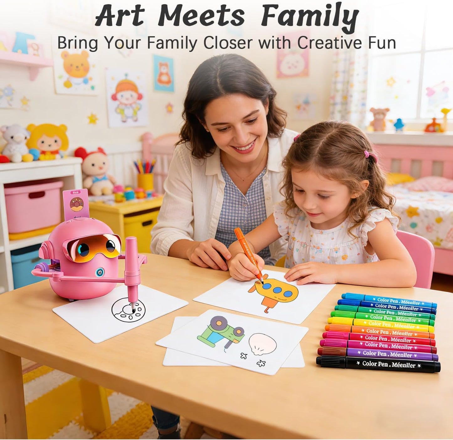 Montessori Drawing Robot for Children Aged 3-12 with 100 Cards, 12 Colorful Pens, and 4 Paintbrushes - Educational Voice-Activated Early Learning Gift for Boys and Girls