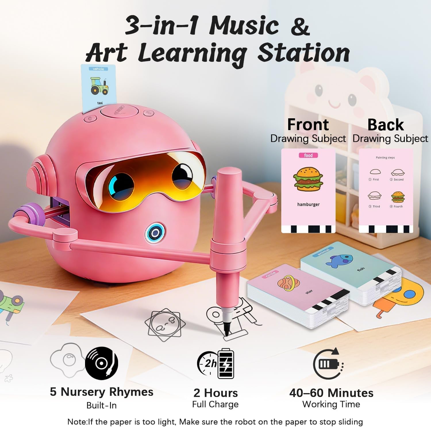 Montessori Drawing Robot for Children Aged 3-12 with 100 Cards, 12 Colorful Pens, and 4 Paintbrushes - Educational Voice-Activated Early Learning Gift for Boys and Girls