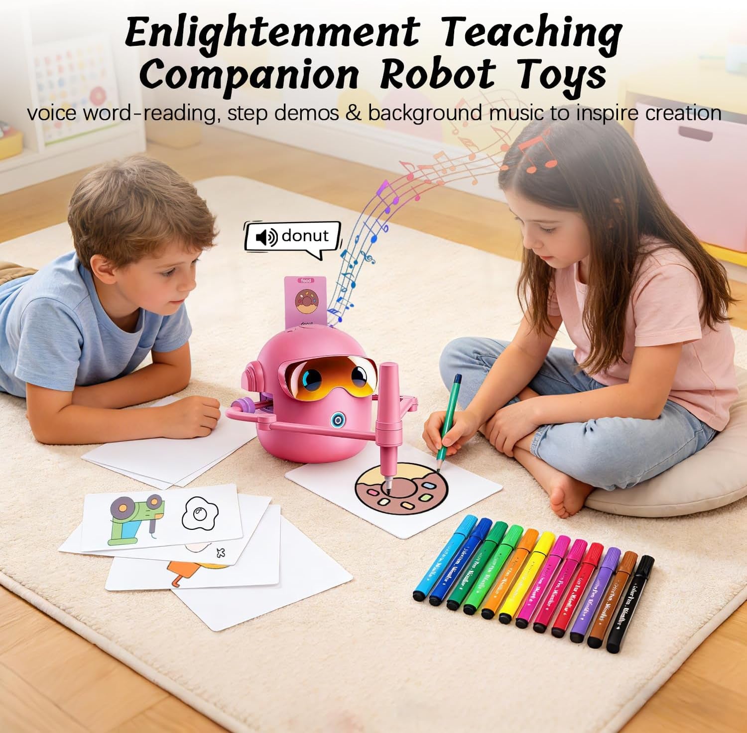Montessori Drawing Robot for Children Aged 3-12 with 100 Cards, 12 Colorful Pens, and 4 Paintbrushes - Educational Voice-Activated Early Learning Gift for Boys and Girls